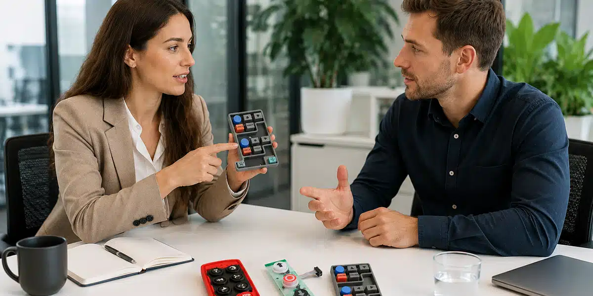 Beratung-für-Silikonschaltmatten Beratungsgespräch bei N&H Technology über kundenspezifische Silikonschaltmatten und HMI-Bedieneinheiten.