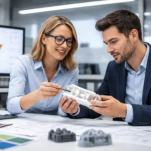 Ingenieure bei der Entwicklung und Bemusterung eines Kunststoff-Formteils für eine HMI-Bedieneinheit