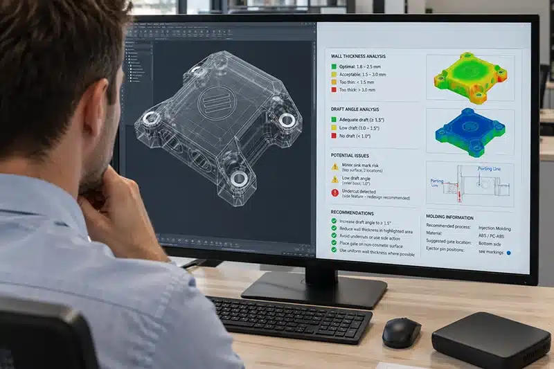 Konstruktionsanalyse eines Kunststoffgehäuses mit Wandstärkenanalyse und Entformungsschrägen im CAD-System
