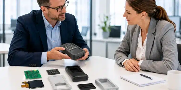 Entwicklung eines kundenspezifischen Kunststoffgehäuses mit Prototypen, Elektronik und Baugruppen im technischen Beratungsgespräch