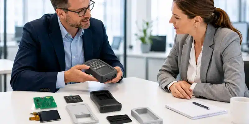 Entwicklung eines kundenspezifischen Kunststoffgehäuses mit Prototypen, Elektronik und Baugruppen im technischen Beratungsgespräch
