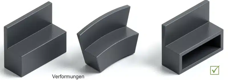 Vergleich zwischen massiver und ausgekernter Kunststoffkonstruktion zur Vermeidung von Verzug und Materialanhäufungen