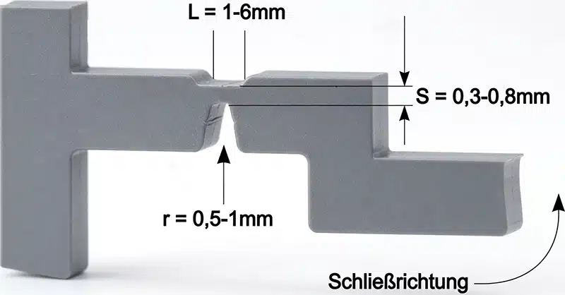 Filmscharnier aus Kunststoff mit Konstruktionsskizze und Darstellung der empfohlenen Geometrie für langlebige Spritzgussteile