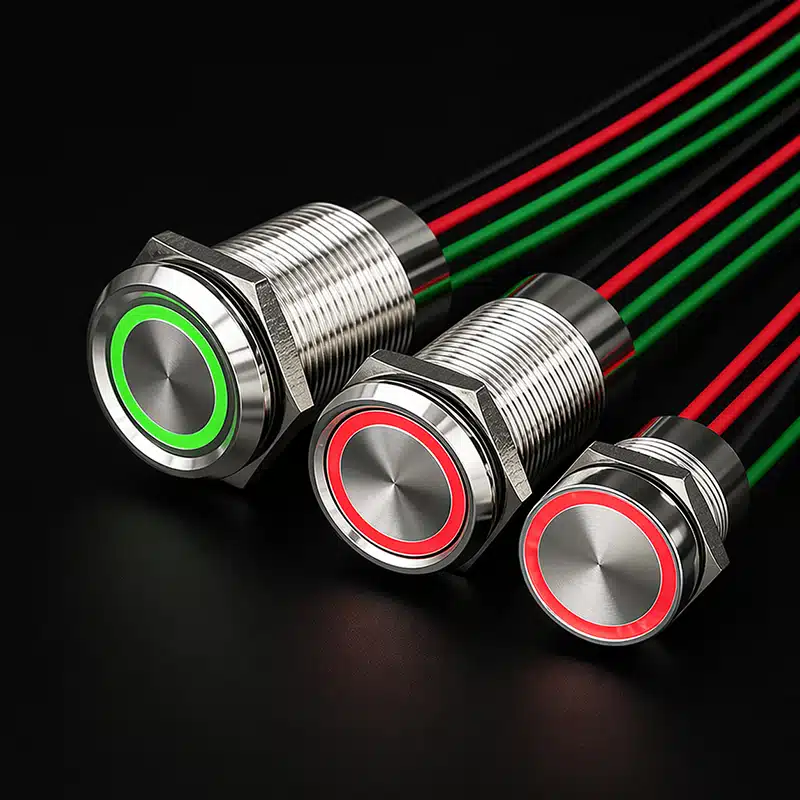 Kapazitive Edelstahltaster mit LED in Rot und Grün, verschiedene Größen für HMI Anwendungen