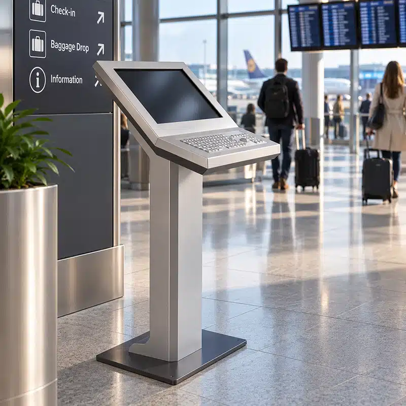 Kioskterminal mit integrierter Metalltastatur und Trackball zur Bedienung