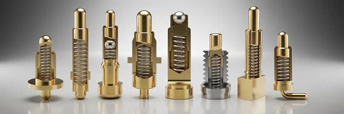Aufbau und Designvarianten von Federkontakten mit Feder, Kolben und Gehäuse in verschiedenen Bauformen