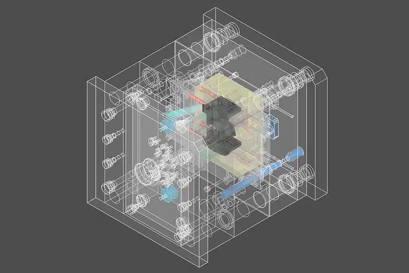 3D-CAD-Modell eines Spritzgusswerkzeugs mit Schiebern, Kernzügen und Werkzeugkomponenten für die Kunststoffteilefertigung