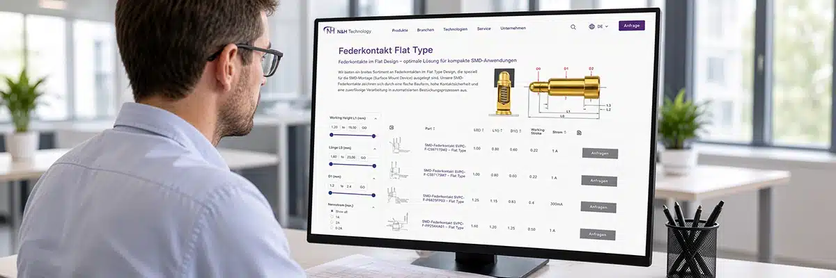 ingenieur-federkontakte-pogo-pins-online-katalog-nh-technology Ingenieur bei der Auswahl von Federkontakten