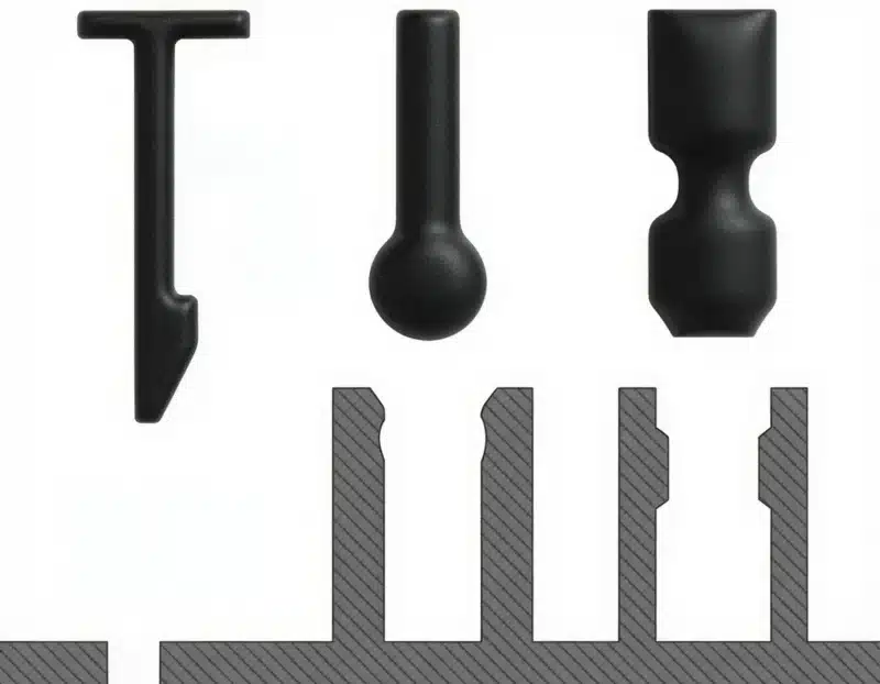 Vergleich verschiedener Schnappverbindungs-Geometrien im Kunststoff-Spritzguss mit Kragarm-, Kugel- und Rastverbindungen sowie den zugehörigen Gegenkonturen.